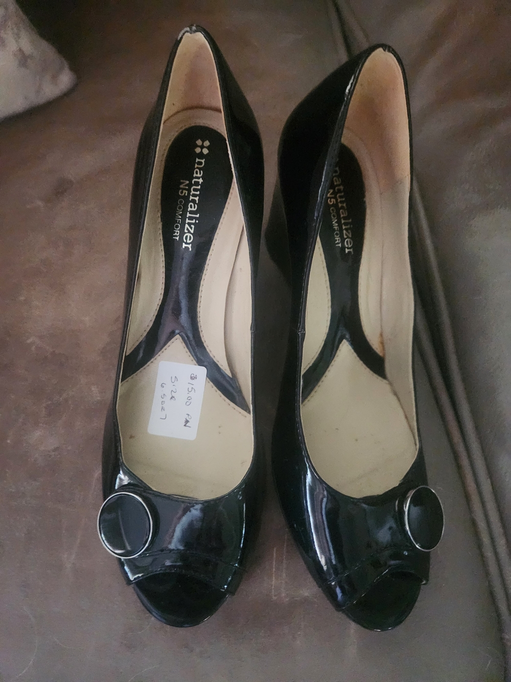 Naturalizer Black Patent Peep-Toe Heels with Circular Accent